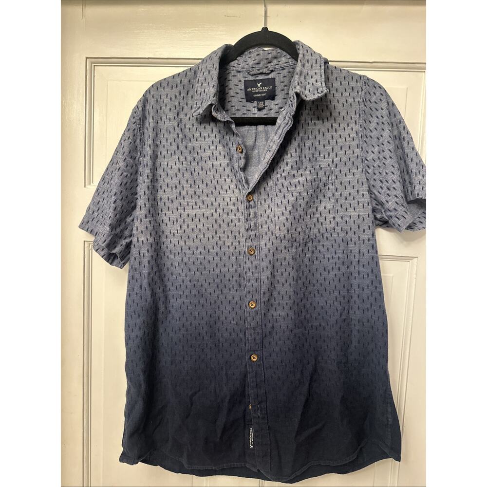 American Eagle L Short Sleeve Button Up Men's Shirt Fade Ombre Design Blue Thin